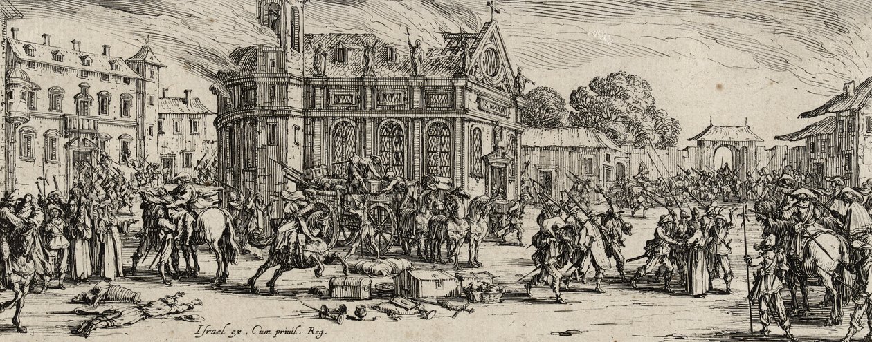 Bir Manastırın Yıkımı, 1633 (döşemiş kağıda gravür) by Jacques Callot