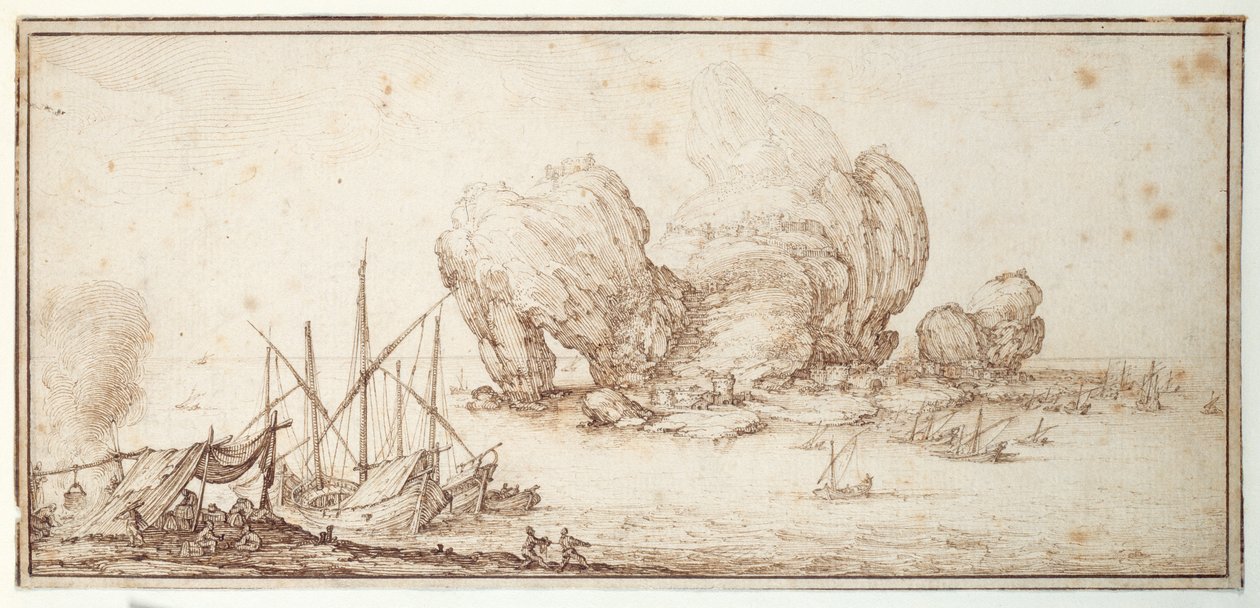 Fantastik kayalar, güçlendirilmiş. Nakliye. Denizciler, teknelerinin önünde bivouac (Le Grand Rocher) (kağıt üzerinde kalem ve mürekkep) by Jacques Callot