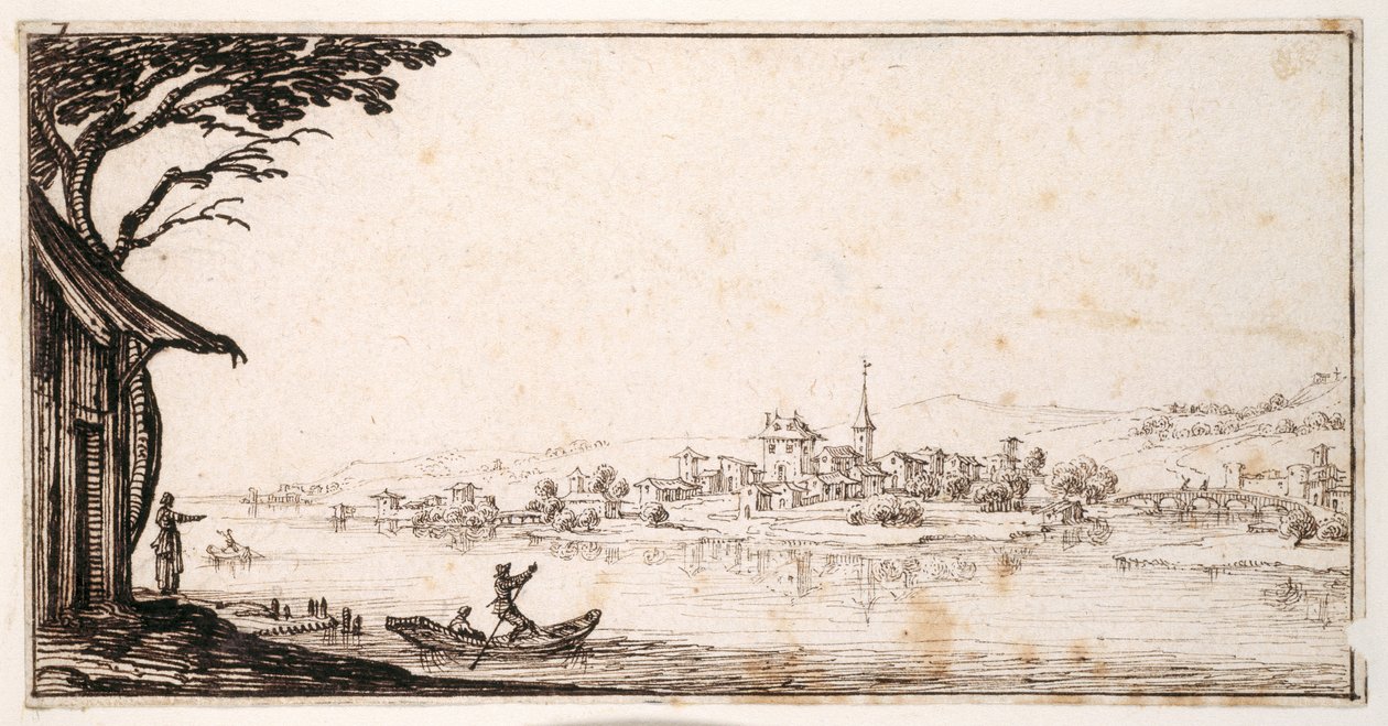 Bir köprüyle kaleye bağlanan küçük bir kasabaya nehir üzerinden yolcu taşımak (kağıt üzerinde kalem ve kahverengi mürekkep) by Jacques Callot