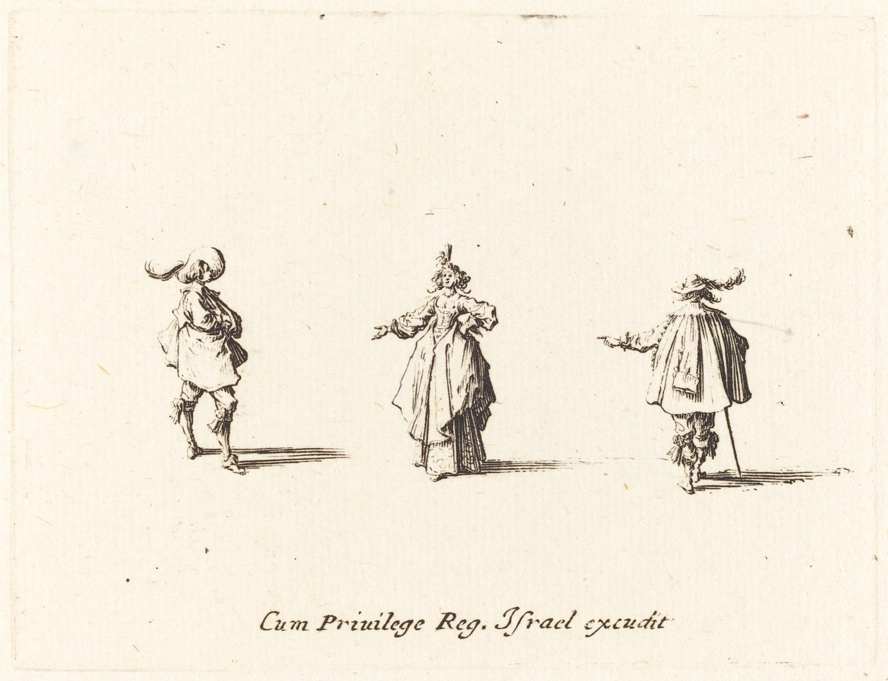 Uzanmış Kollu Bayan ve İki Beyefendi, muhtemelen 1634. by Jacques Callot