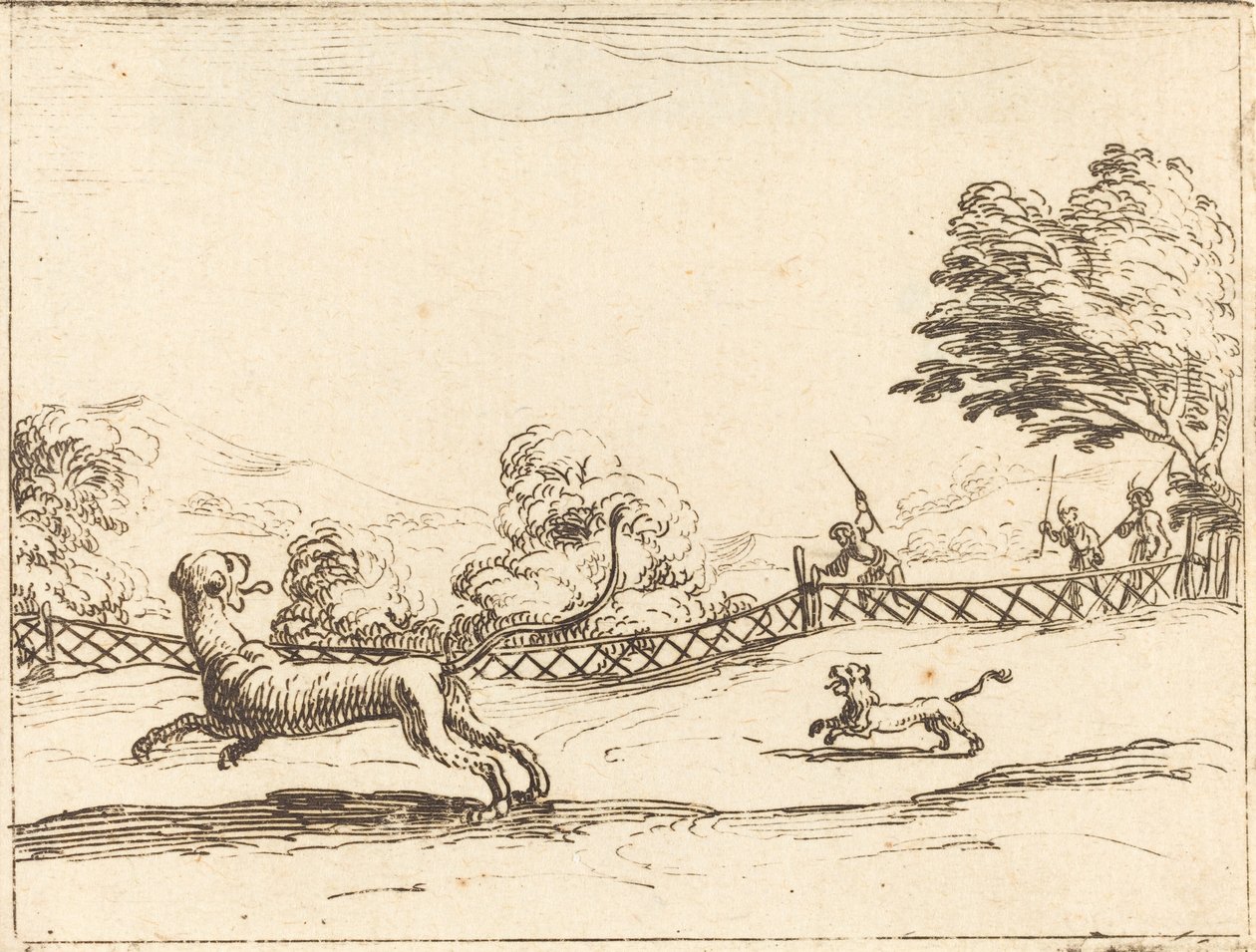 Avcılar Tarafından Takip Edilen Aslan ve Yavru by Jacques Callot