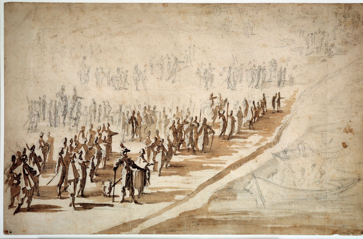 Louis XIII (1601-1643) ve Richelieu (1585-1642), Re Adası için birlikler bölümüne katılıyor. Jacques Callot
