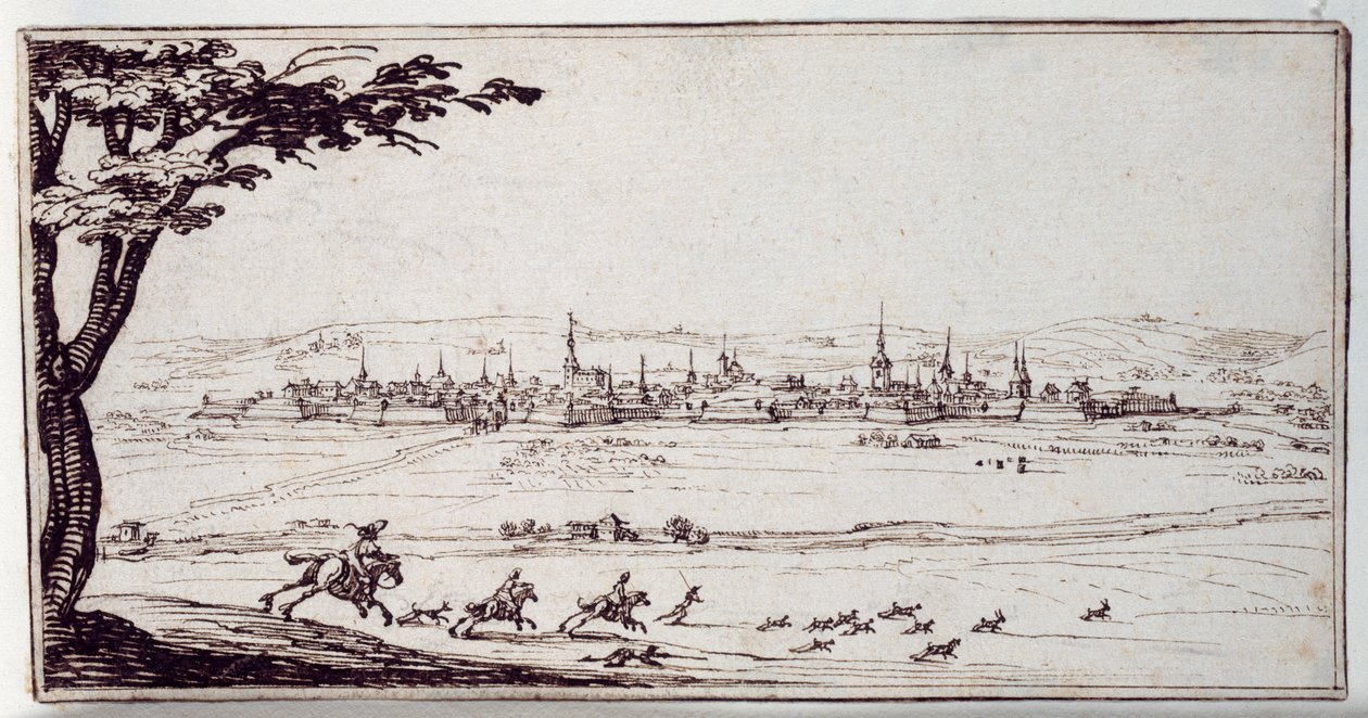 Uzaktan Nancy: bir tavşanın peşinden koşan harrierler (kağıt üzerinde kalem ve kahverengi mürekkep) by Jacques Callot