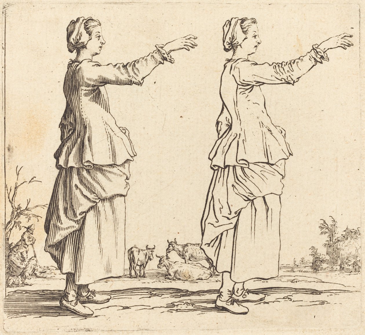 Köylü Kadın, Profilde, Sağa Bakmış, Kolunu Uzatmış by Jacques Callot