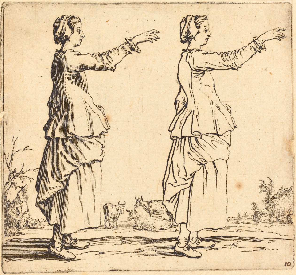 Köylü Kadın, Profilde, Yüzü Sağa Karşı, Kol Uzatılmış, 1617 ve 1621. by Jacques Callot
