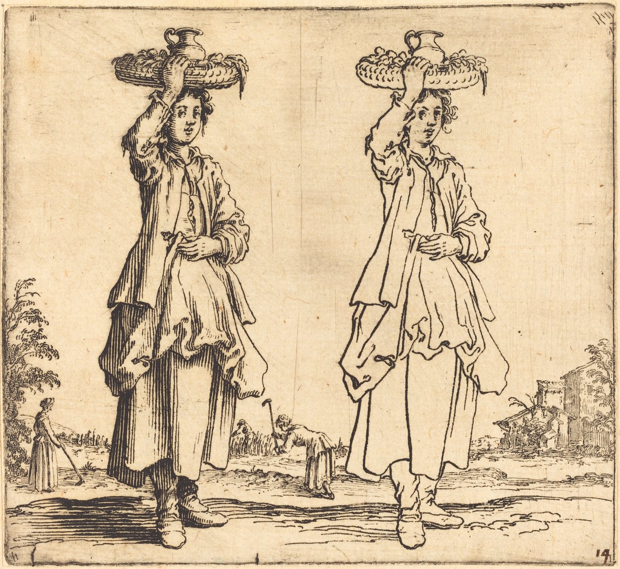 Başında Sepetli Köylü Kadın, Önden Görünüm by Jacques Callot