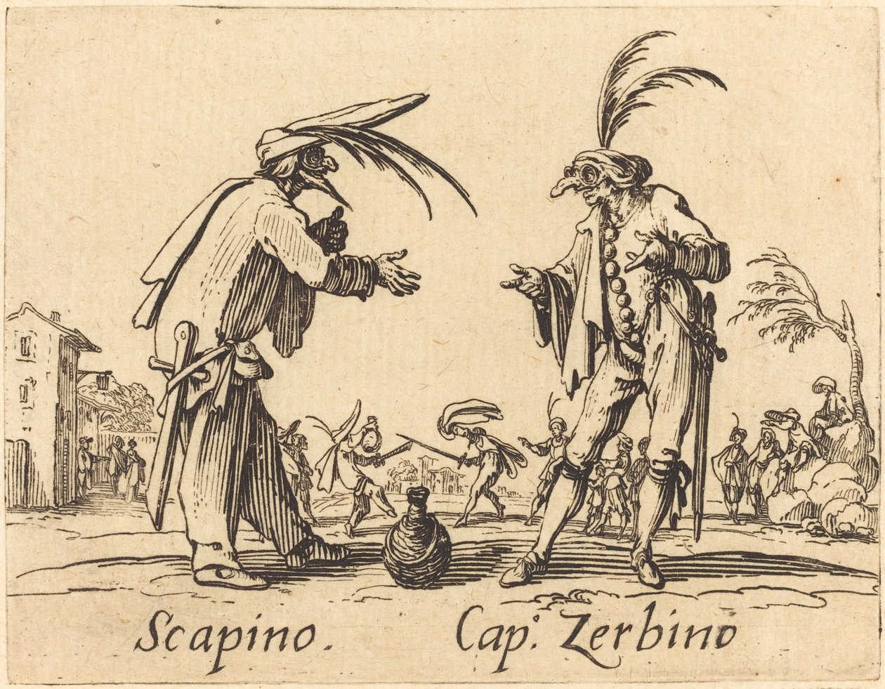 Scapino ve Yüzbaşı Zerbino, c. 1622. by Jacques Callot