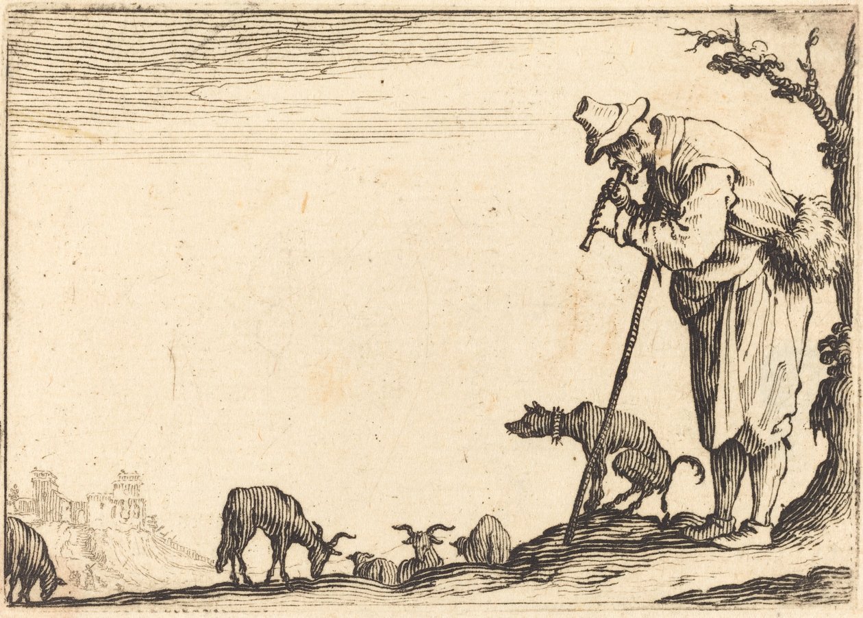 Flüt Çalan Çoban, c. 1617. by Jacques Callot