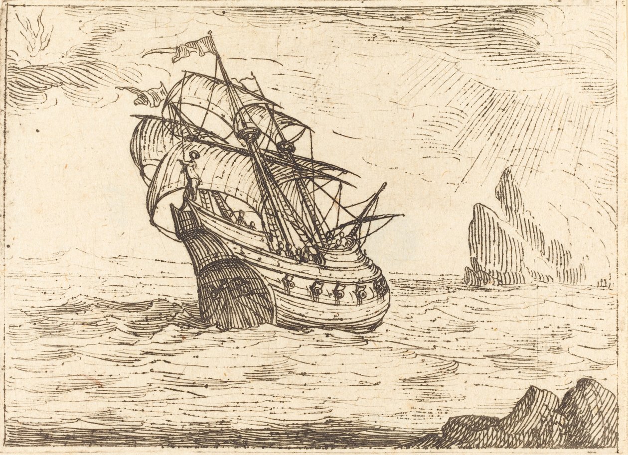 Kayaların Yanında Gezinen Bir Gemi. by Jacques Callot