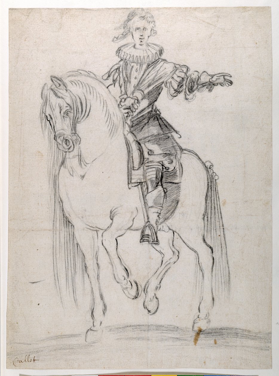 Louis XIII için at sırtında eskiz (kağıt üzerinde siyah tebeşir) by Jacques Callot