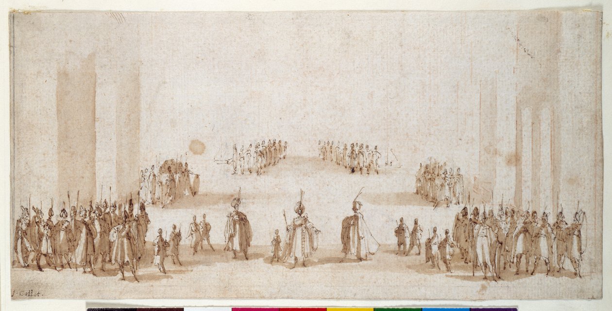 'Il Solimano'da figür gruplarının sahnelenmesi için eskiz (kırmızı tebeşir üzerine kahverengi astarlı tükenmez kalem ve kahverengi mürekkep) by Jacques Callot