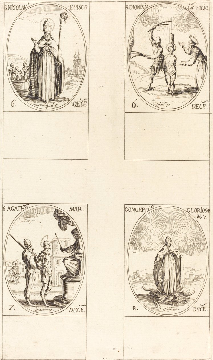 Aziz Nicholas; Aziz Dionisia ve Oğul; Aziz Agatha; Bakire anlayışı by Jacques Callot