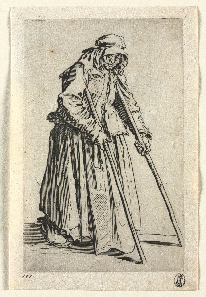 Dilenciler: Koltuk değneklerinde Dilenci Kadın, c. 1623. by Jacques Callot