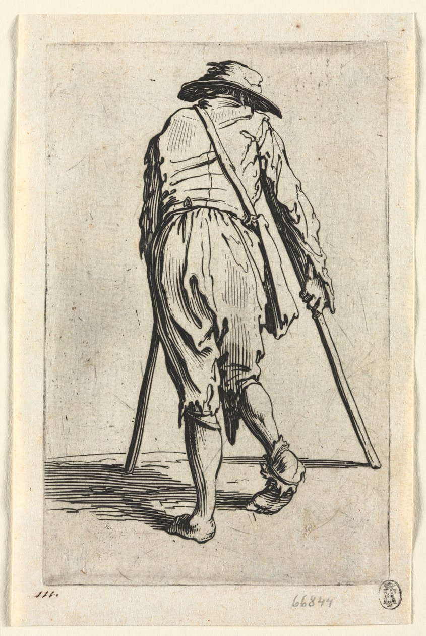 Dilenciler: Koltuk Değneği Olan, Şapka Giyen Dilenci, c. 1623. by Jacques Callot