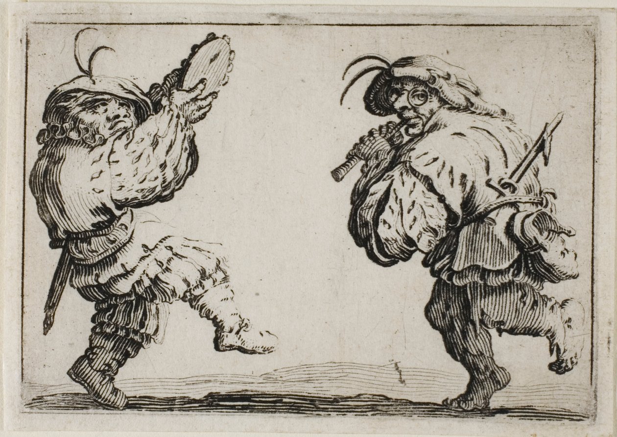 Kaprislerden Flüt ve Tefli Dansçılar by Jacques Callot