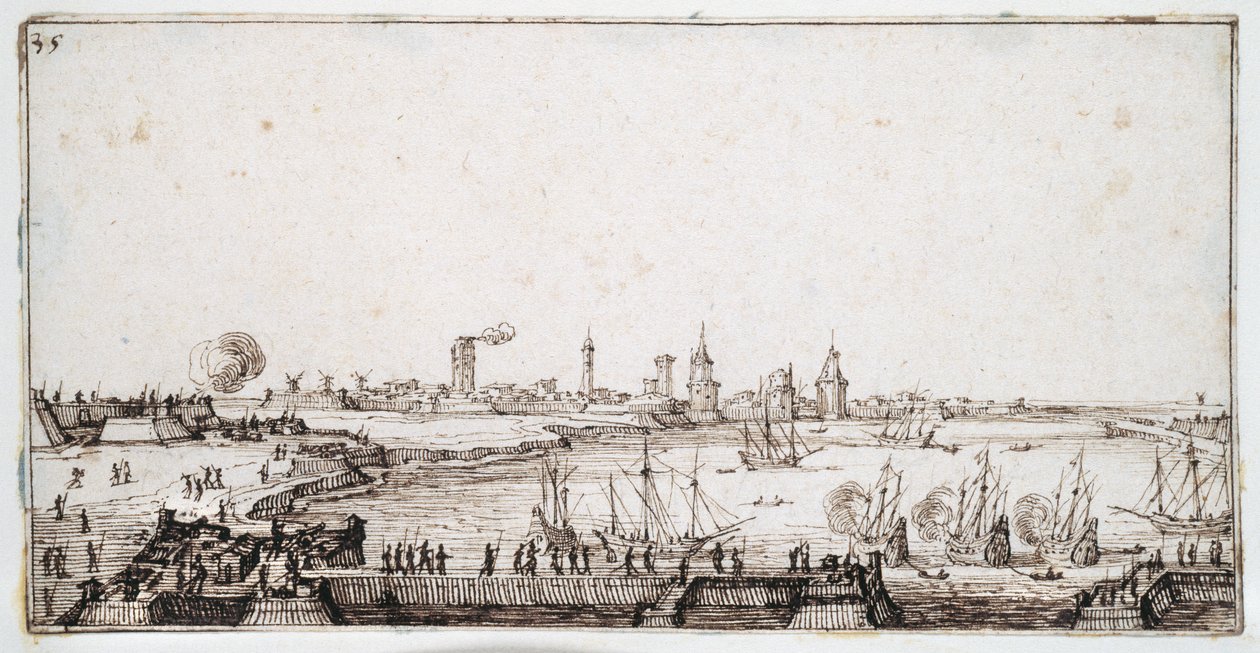 Kalyonların selam ateşlediği La Rochelle limanının görünümü (kağıt üzerinde kalem ve kahverengi mürekkep) by Jacques Callot