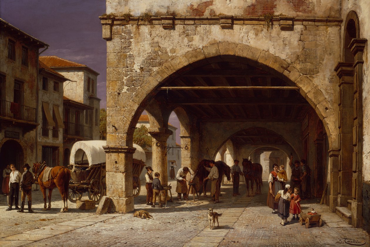 Bir Farrier ile bir Kasaba sahnesi (tuval üzerine yağlı boya) by Jacques Carabain