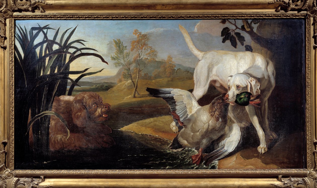 Ağzında bir yaban ördeği tutan braque köpek Resim Jacques Charles Oudry (1720-1778) 18. yüzyıl Paris, Dekoratif Sanatlar by Jacques Charles Oudry