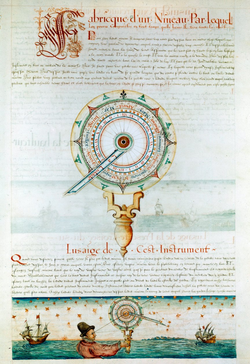 Navigasyon aletleri: usturlap kullanan navigasyon cihazı. Jacques de Vaulx (16. yüzyıl) tarafından “” Les Premieres Works de Jacques Devaulx Pilot en la Marine”den alınan sayfa by Jacques Devaulx