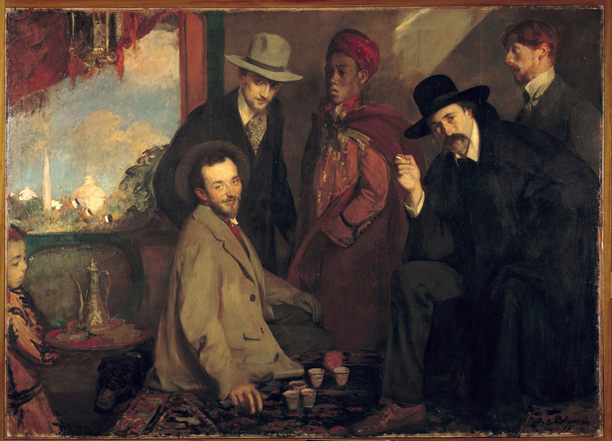 Andre Gide ve arkadaşları kafede Maure of the World Exposition of the 1900 (Eugene Rouart; Charles Chanvin; Athman Ben Salah; Henri Gheon) Tablosu Jacques Emile (Jacques-Emile) Blanche (1861-1942) 1900 Güneş. 1.56x2.2 m Rouen, Güzel Sanatlar Müzesi by Jacques Emile Blanche