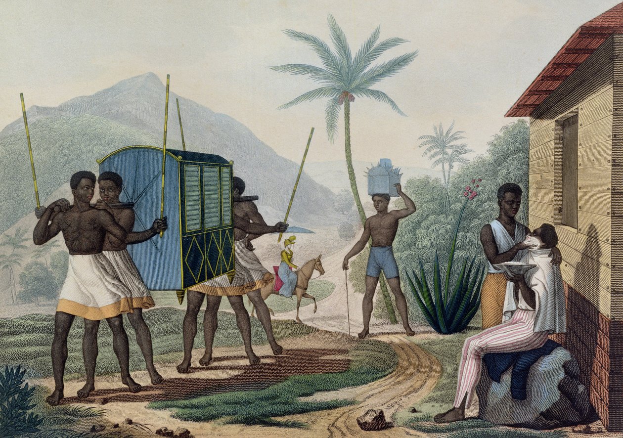 Ile de France'da Taşınan Palanquin, Choubard tarafından kazınmış 'Voyage Autour du Monde sur les Corvettes de L'Uranie 1817-20'den, 1825 yayınlandı by Jacques Etienne Victor Arago