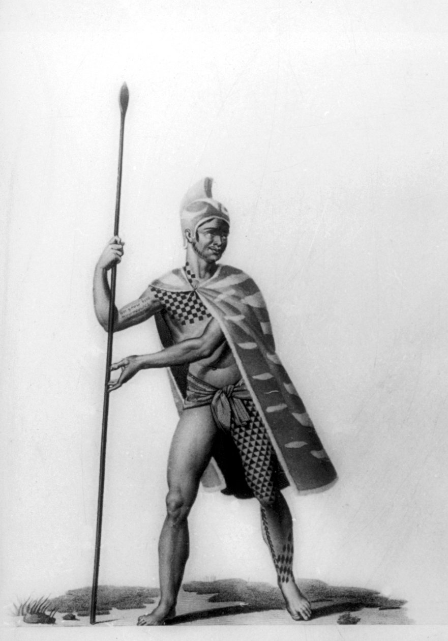 Tipik bir malo kostümü giyen genç subay, Hawaii, 1819 by Jacques Etienne Victor Arago