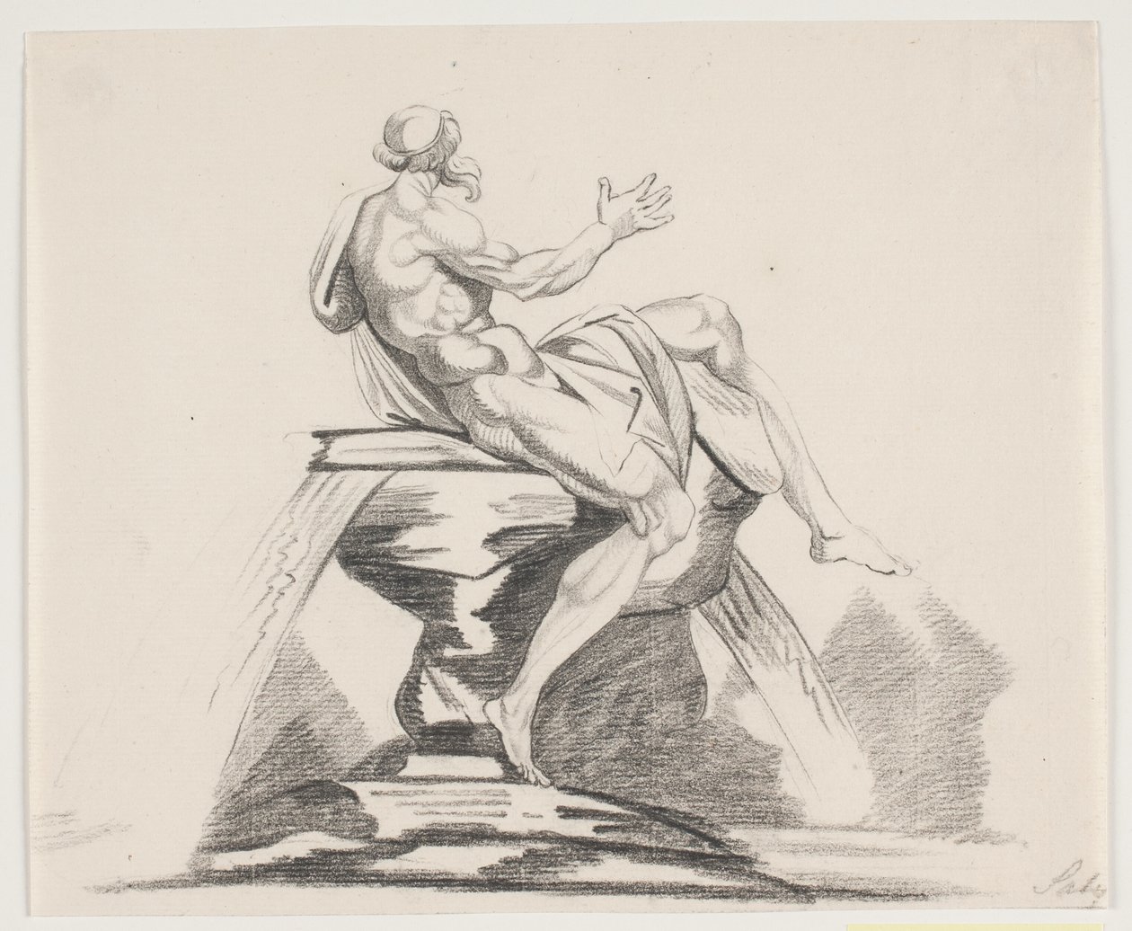 Bir çeşme üzerinde arkadan görülen cüppeli erkek sakallı figür by Jacques Francois Joseph Saly