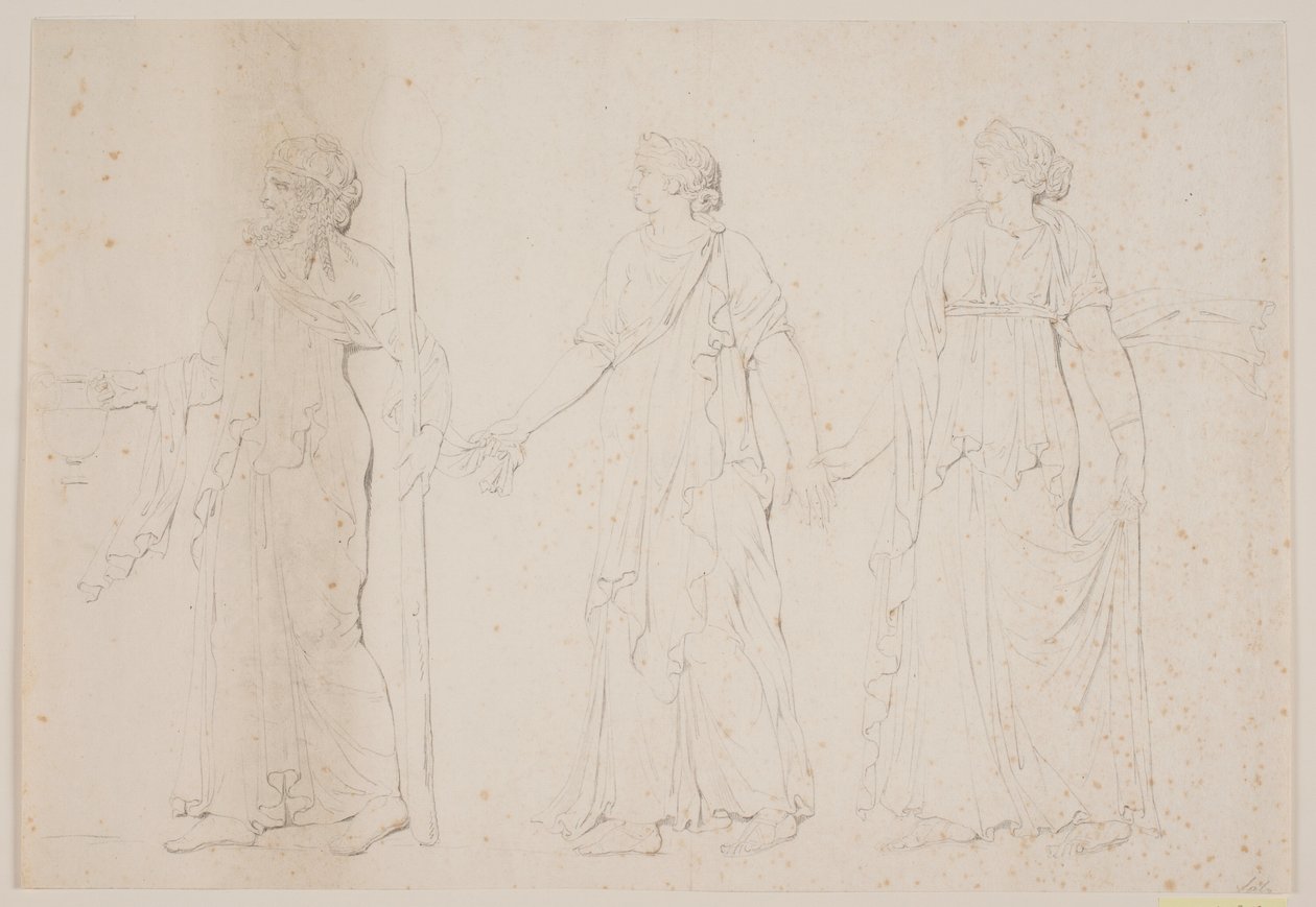 Kurban eylemi (?) Yunan cübbesi içinde üç yürüyüş figürü. Önünde amfora ve asa ya da meşale taşıyan bir adam, ardından iki kadın by Jacques Francois Joseph Saly