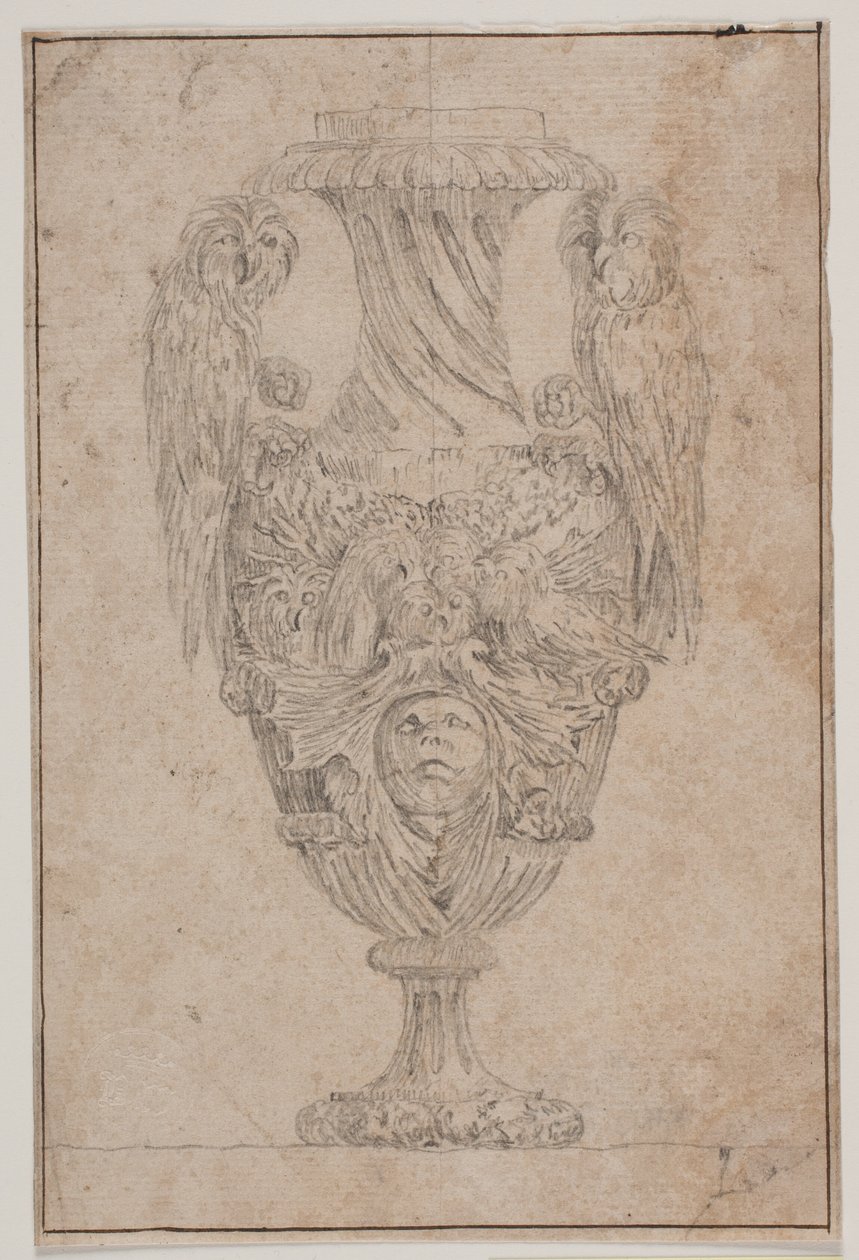 İki baykuş ve bir başlı süs vazosu. Pl'den sonra kopyalayın. Saly'nin 1746'da çizdiği vazoların takımında 15, "Vasa a se inventa ..." by Jacques Francois Joseph Saly