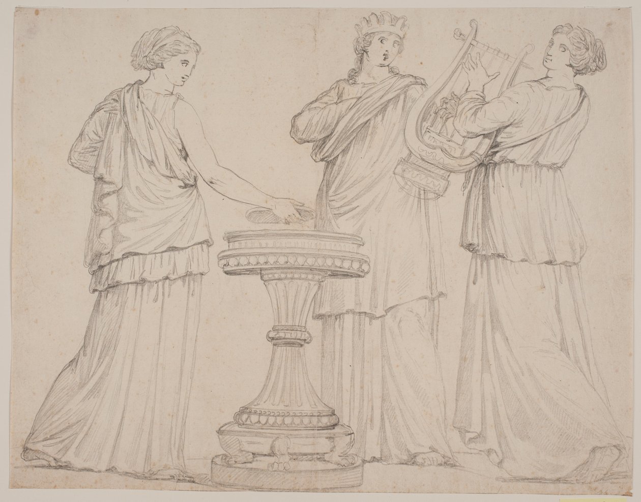Bir sunakta Yunan cüppeli üç kadın. kadın t.v. bir karatahta (?), ortasında bir taç ile, t.h. bir lir ile (terpsichore?) by Jacques Francois Joseph Saly