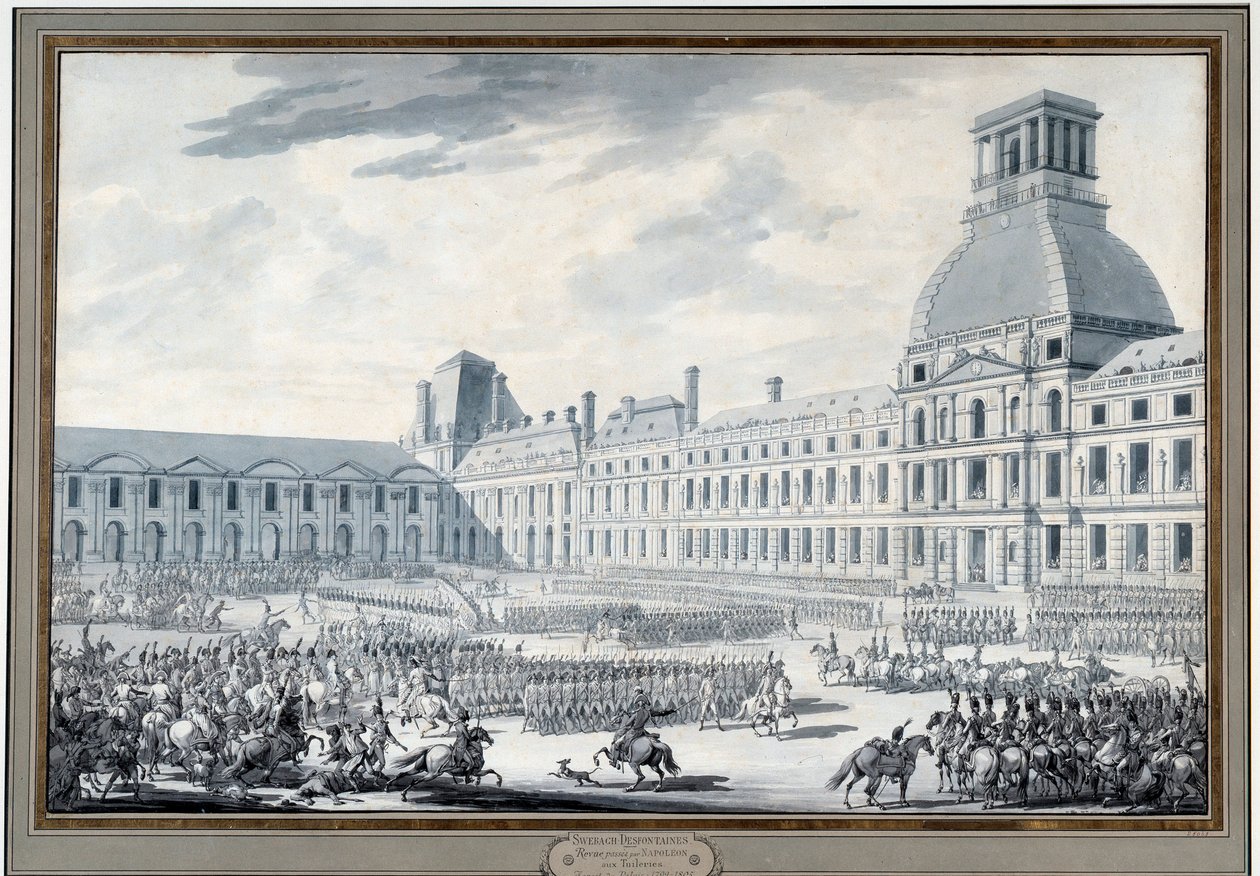 Revue des troupes Napoleon Bonaparte (1769-1821) de Tuileries Gravür Jacques Swebach dit Fontaine (1769-1823) 19. yüzyıl Paris, Musee Carnavalet by Jacques Francois Joseph Swebach