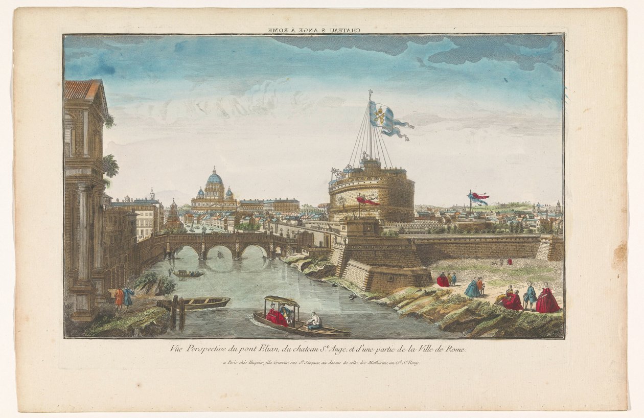 Roma Chateau S Ange á Roma'daki Tiber Nehri üzerindeki Castel Sant'Angelo ve Melek Köprüsü'nün görünümü (nesnedeki başlık) by Jacques Gabriel Huquier