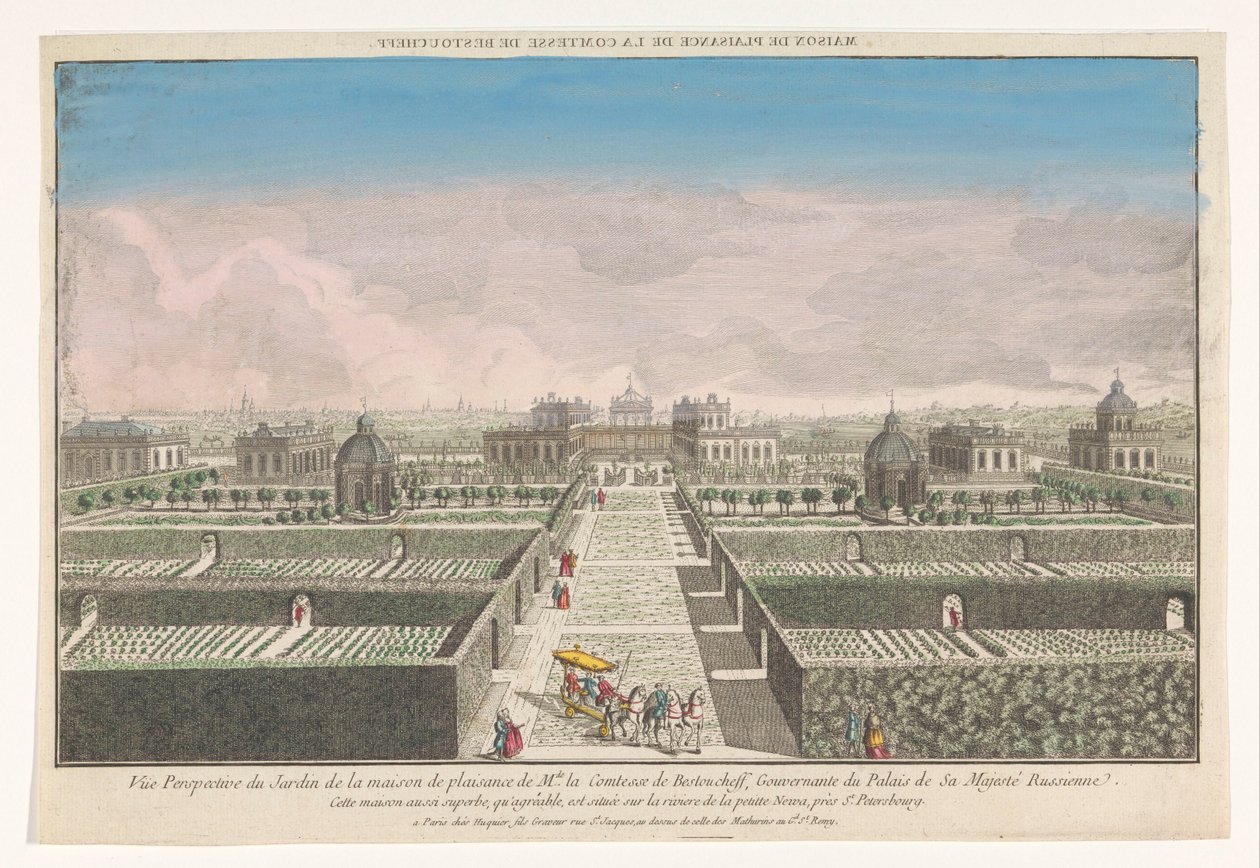 Saint Petersburg şehri yakınlarındaki Bestoucheff Kontesi'nin kır evinin bahçesinin görünümü Maison de plaisance de la comtesse de Bestoucheff (nesnenin başlığı) by Jacques Gabriel Huquier