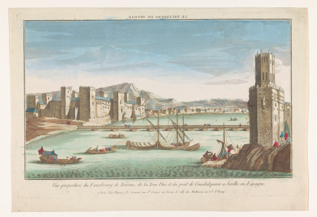 Triana bölgesinin görünümü, Guadalquivir nehri üzerinde bir köprü ve Sevilla Le fauxbourg de Seville'deki Torre del Oro (nesnedeki başlık) by Jacques Gabriel Huquier
