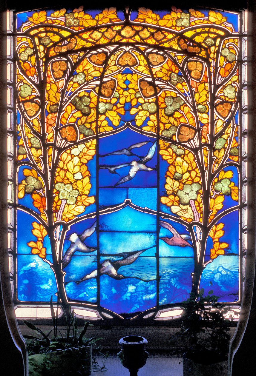 Nancy (bölüm 54), Art Nouveau, Hotel Bergeret, Vitray pencere “güller ve martılar” (fotoğraf) by Jacques Gruber
