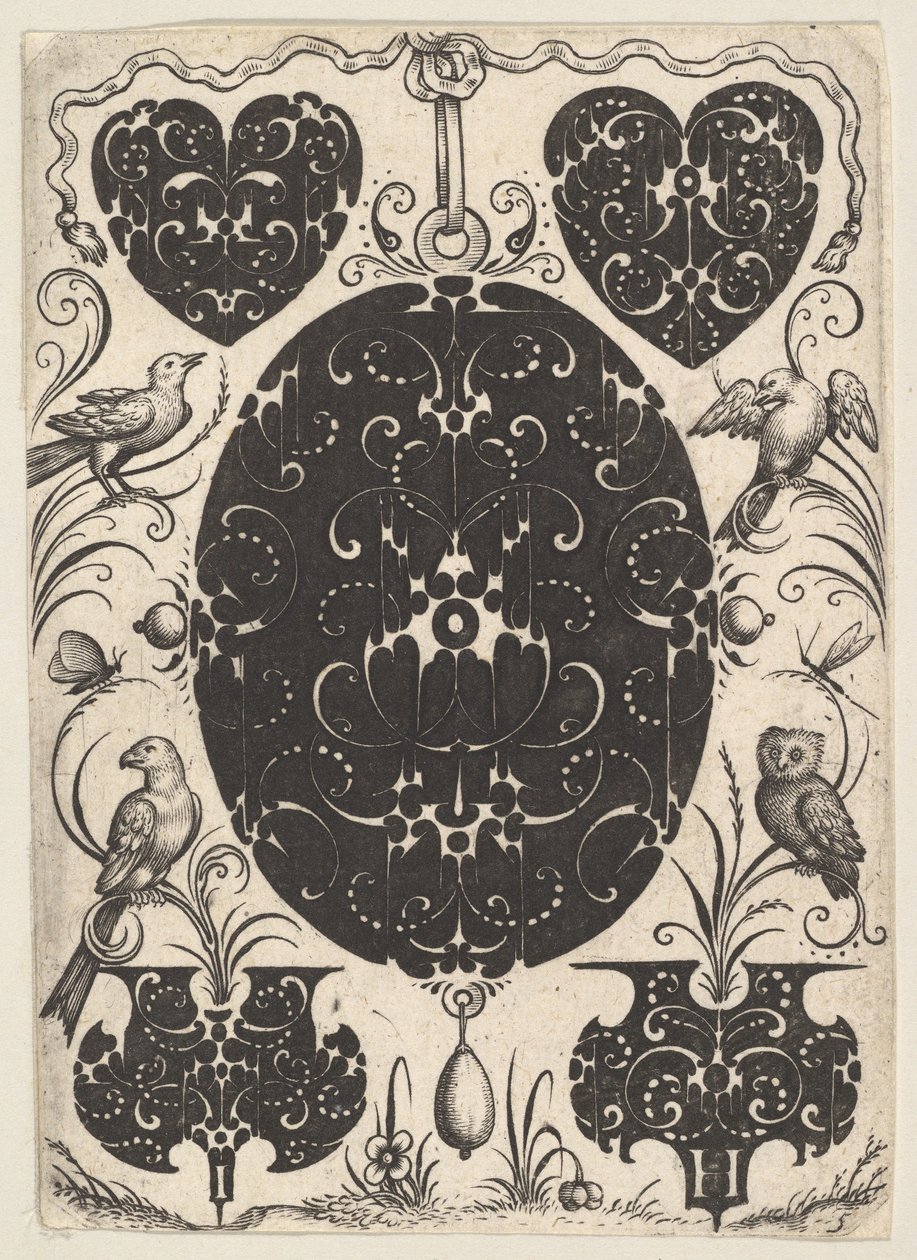 Daha Küçük Motifler ve Dört Kuşla Çevrili, Schweifwerk ile Süslenmiş Oval Kolye, yakl. 1614-19. by Jacques Hurtu