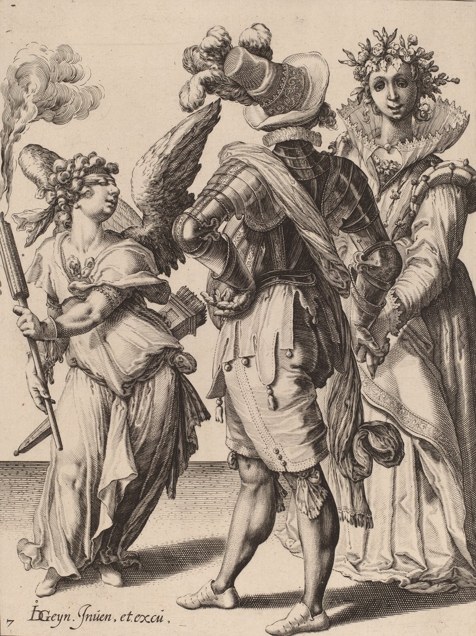 A Blindfolded Cupid Holding a Torch Before a Couple, attributed to Zacharias Dolendo, 1595-6 (engraving on laid paper) by Jacques II de Gheyn