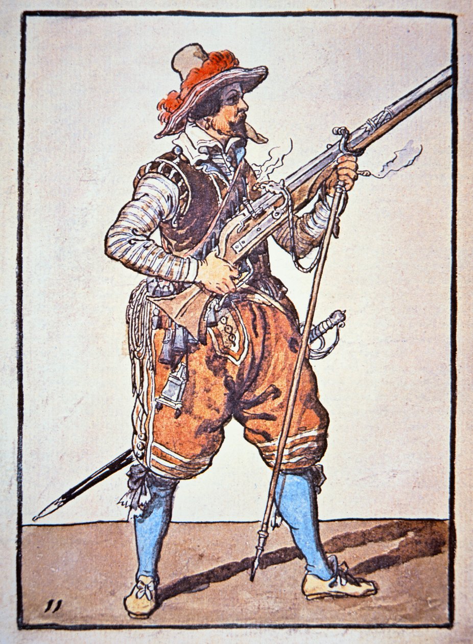 Kibritli tüfekle silahlanmış Arquebusier, "Silah El Kitabı"ndan bir çizim by Jacques II de Gheyn