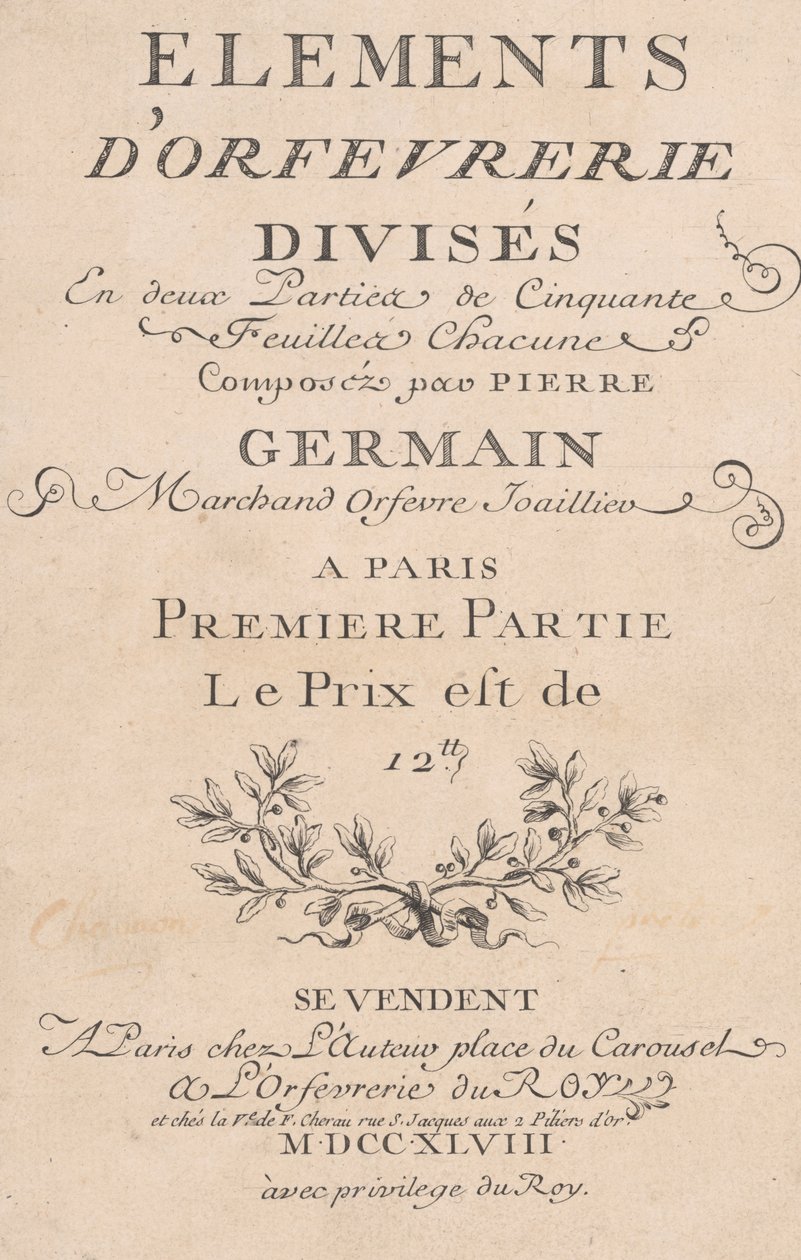 Elements d'Orfevrerie Elli Yaprağa İki Parçaya Bölünmüş, 1748 by Jacques Jean Pasquier