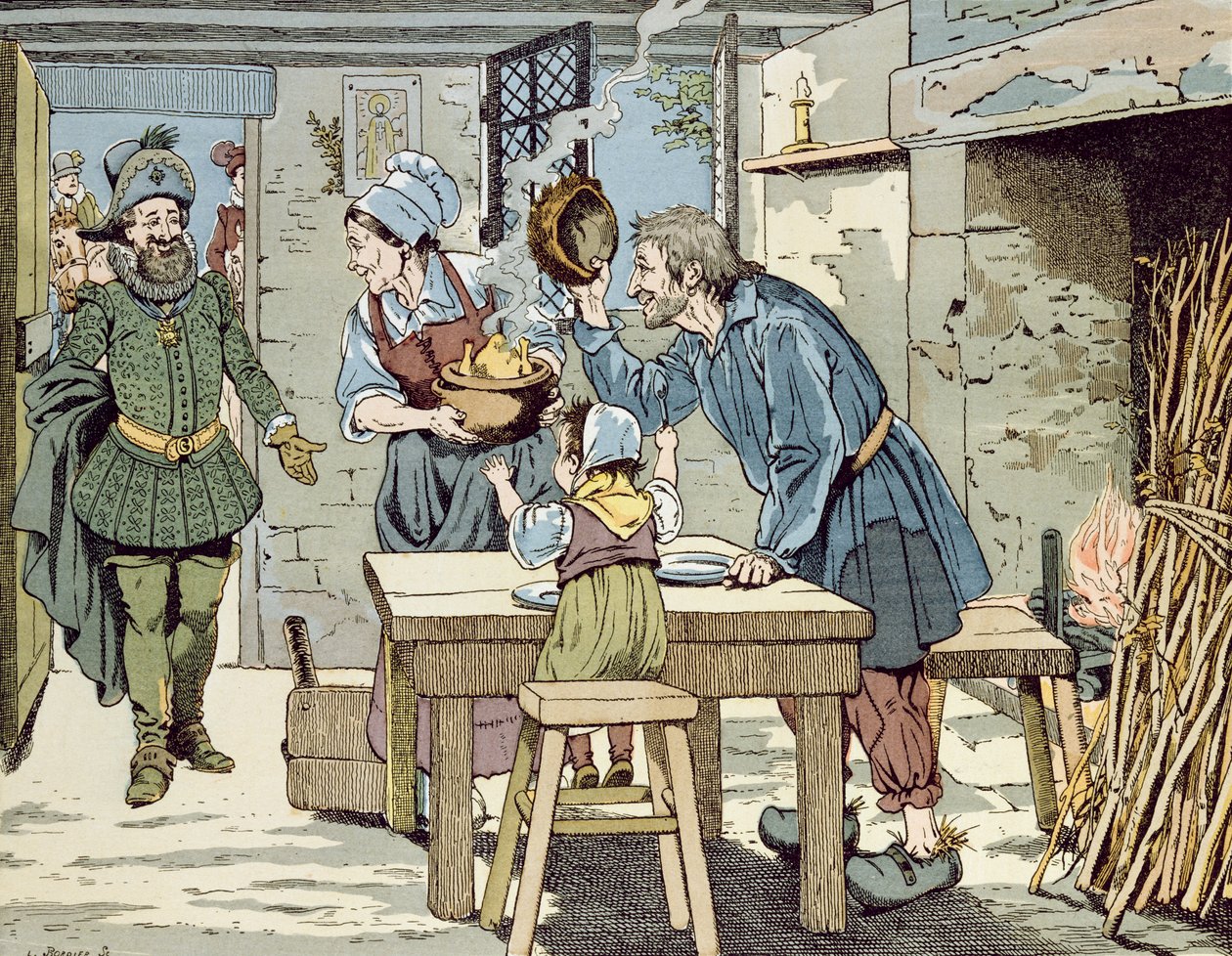 Tüm tebaasının Pazar akşam yemeği için tavuk yemesini isteyen Yoksulların Kralı IV. Henri, c. 1900 by Jacques Marie Gaston Onfray de Breville (Job)