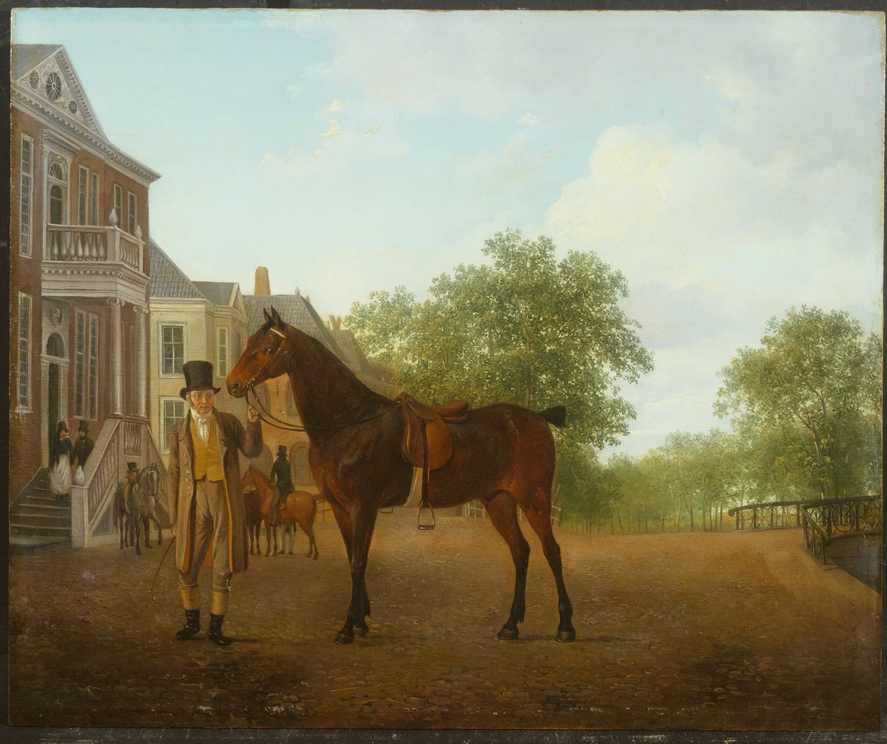 Kanal kenarındaki bir sokakta eyerli bir at tutan bir beyefendi by Jacques Laurent Agasse