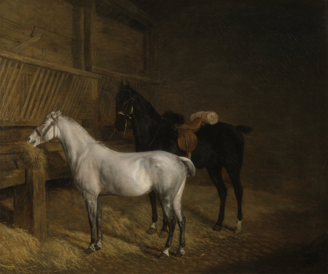 Ahırda Gri Bir Midilli ve Siyah Şarj Cihazı (tuval üzerine yağlı boya) by Jacques Laurent Agasse