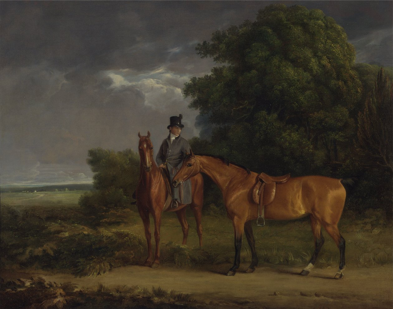 Kestane Avcısına Binmiş Bir Damat, Bir Körfez Avcısını Dizginlerinde Tutuyor (tuval üzerine yağlı boya) by Jacques Laurent Agasse