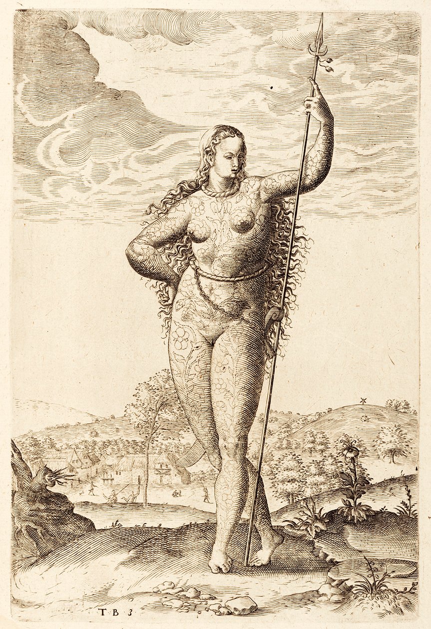 Genç Bir Pictish Kadın, c1585 (bw gravür) by Jacques Le Moyne