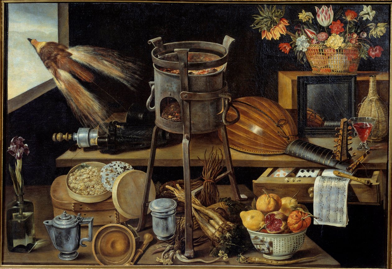 Beş duyu ve dört element, bazı nesneler Richelieu ailesinin silahlarını taşır. Natürmort şarap, meyve, çiçek, müzik aletleri. Resim Jacques Linard (1600-1645) 1627 Güneş. 1,05x1,53 m by Jacques Linard