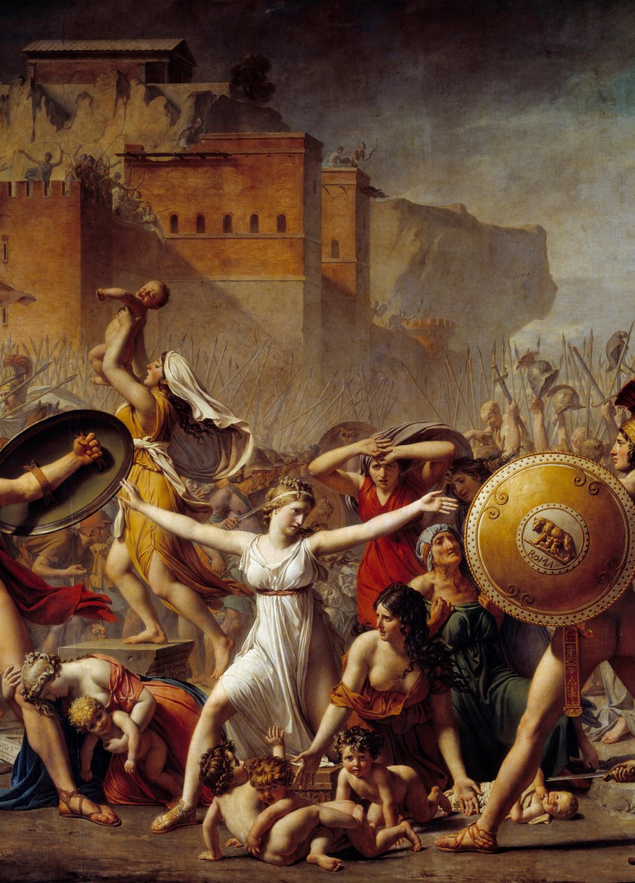 Detay: Roman kocaları (sağda) ve Sabins kardeşleri (solda) arasında araya girerek onlara çocuklarını gösteren “” Sabinler””” - Resim Jacques-Louis (Jacques Louis) David (1748-1825) by Jacques Louis David