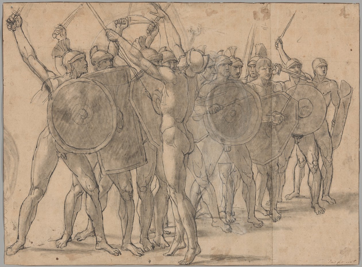 Silahlarıyla Hareket Eden Çıplak Askerler (rekto); Tatius Figürü için İki Perdelik Çalışması (verso) by Jacques Louis David