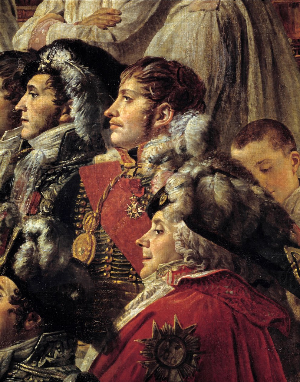 Napolyon Ayini. Auguste Jean-Gabriel de Caulaincourt (1777-1809), Eugene Rose de Beauharnais dit Prince Eugene (1781-1824) ve Charles Maurice de Talleyrandt-Perigord dit Talleyrand (1754-1838) İmparator Napoleo Kutsallığı sırasında temsil eden detay by Jacques Louis David