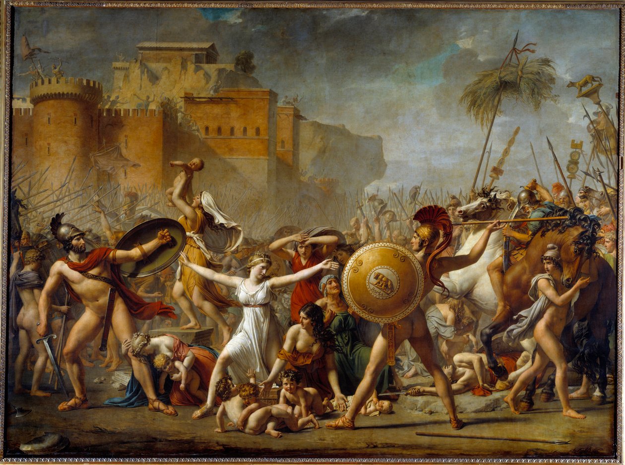 Sabineler, Romalı kocaları (sağda) ve Sabine kardeşleri (solda) arasında araya girerek onlara çocuklarını gösteriyor - Resim, Jacques-Louis (Jacques Louis) David (1748-1825) by Jacques Louis David