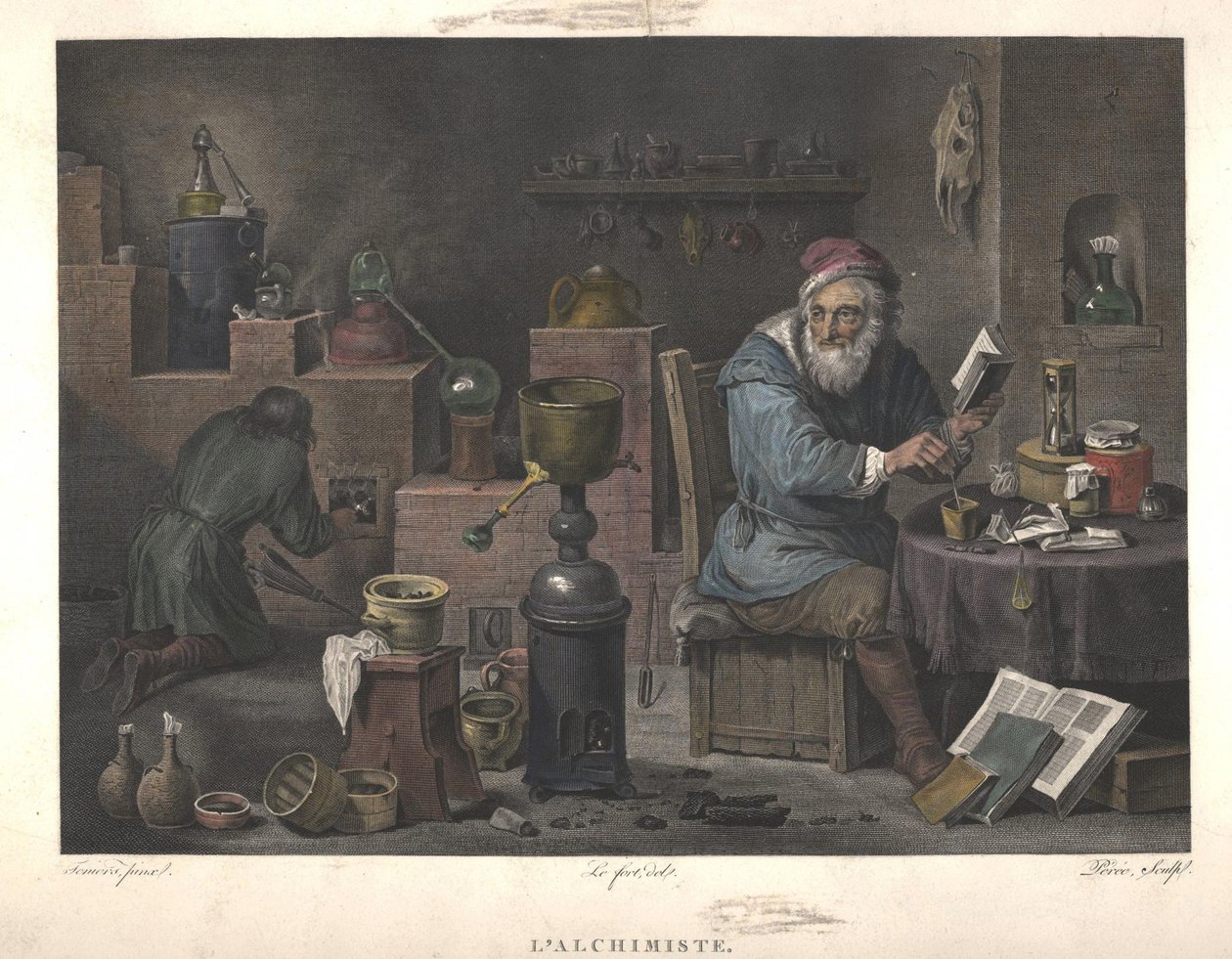 Simyacı David Teniers tarafından yapılan boyamadan sonra, 18. yüzyılın sonları. by Jacques Louis Perée